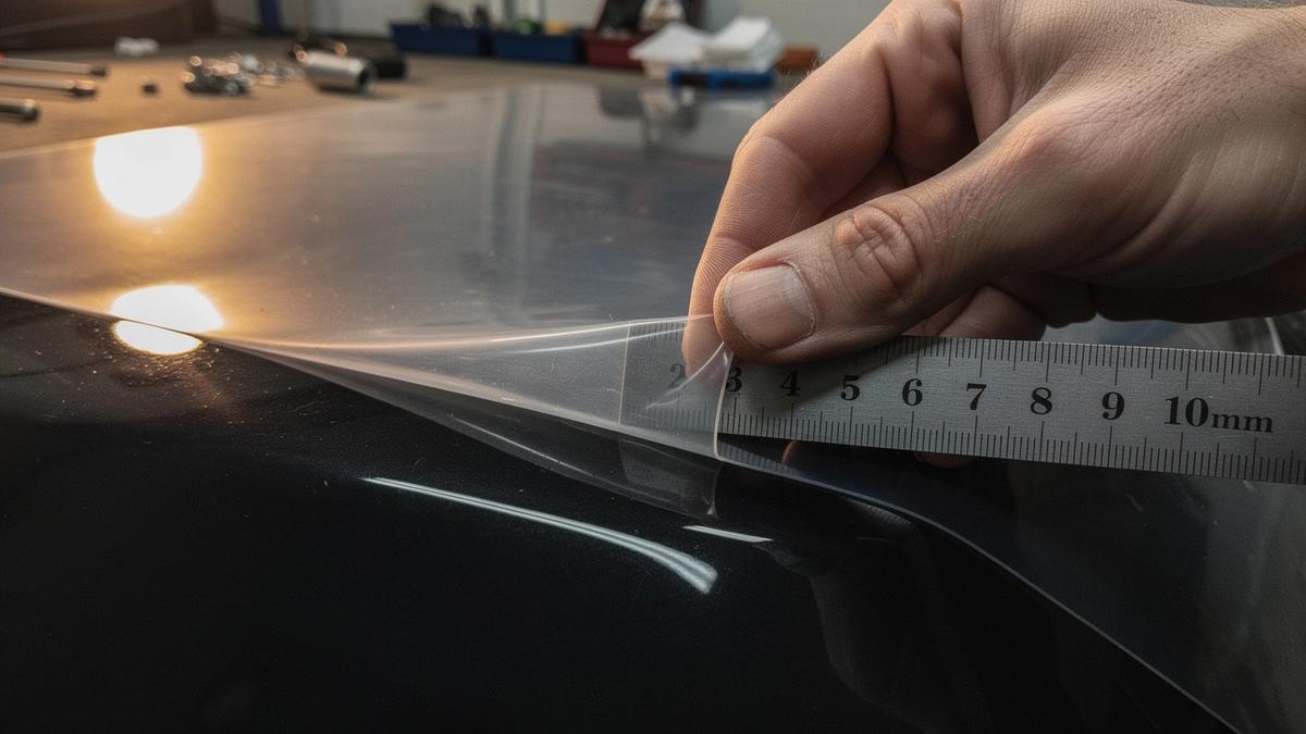 Raking-light macro of a paint protection film edge being laid along a car panel, with a scale marker beside the film line